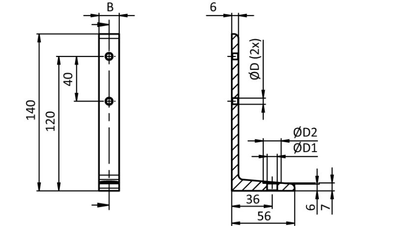 Équerre de fondation AL 45mm x 140mm, à 1 Rainure